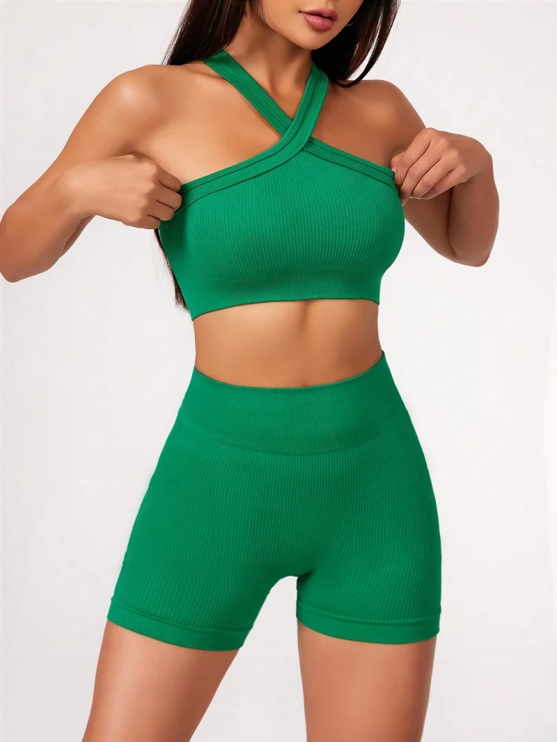 Women's Summer Yoga Outfit - Naked Feel Gym Set with High Waist Shorts and Strappy Sports Bra