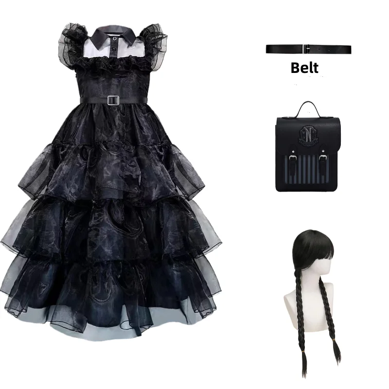 2023 Wednesday Addams Costume For Kids Girls Tulle Belt Gothic