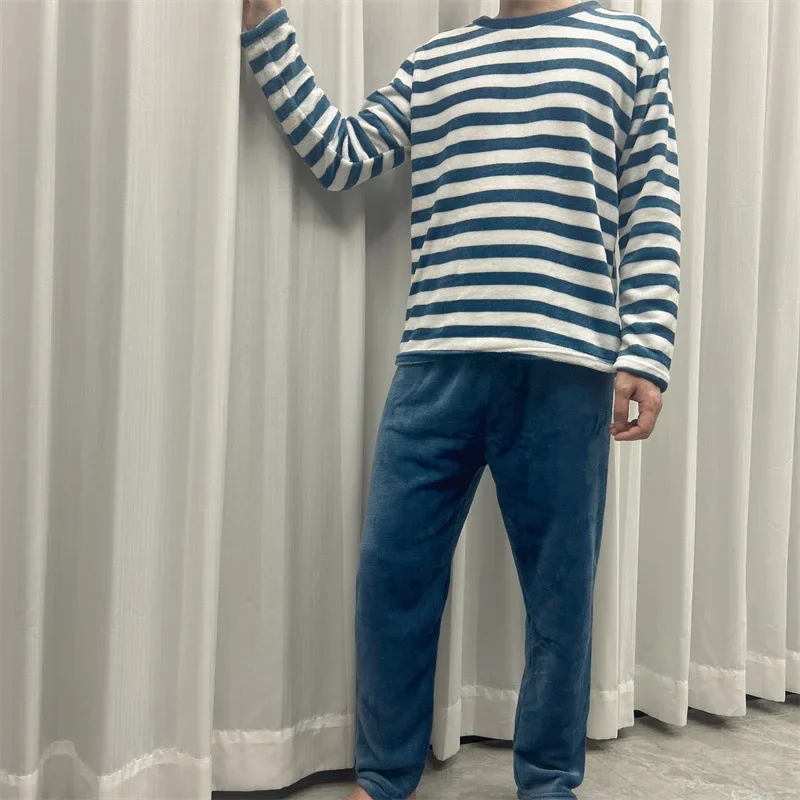 Large Size Winter Pajamas Set Men Warm Soft Flannel Striped Nightwear Long Sleeves 2 Pieces Set Home Clothes Korean Sleepwear