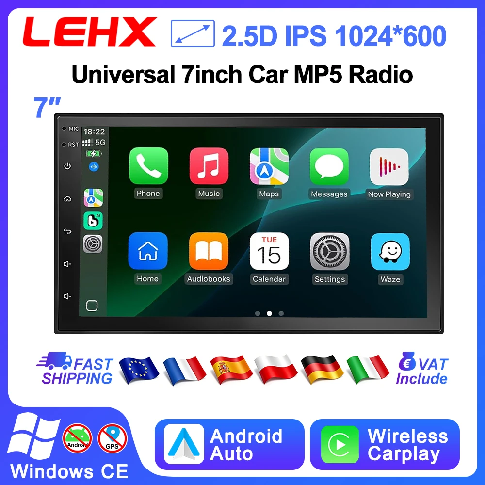 Radio para Auto LEHX con Android Auto y Carplay Inalámbrico, Reproductor Multimedia MP5 MP3 de 2 Din y 7 Pulgadas, Pantalla de Vidrio, USB*2, FM, BT, Sistema Linux para Volkswagen, Nissan, Hyundai, Kia, Toyota, Audi, R 1