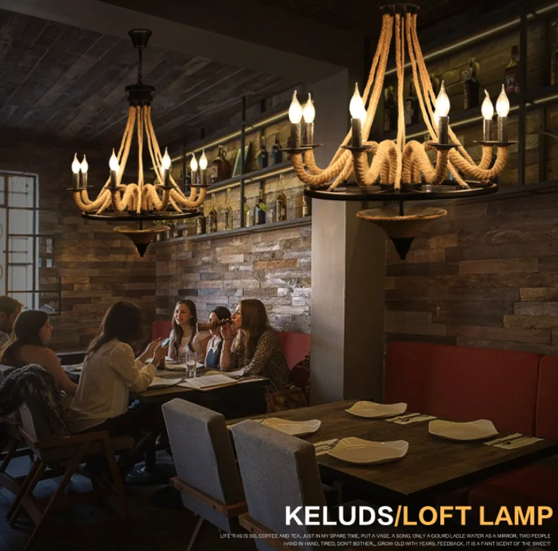 Vintage Hemp Rope Chandelier Lighting Fixture Living Room Hanging Lamps Retro American Industrial Light Home Decoration Room