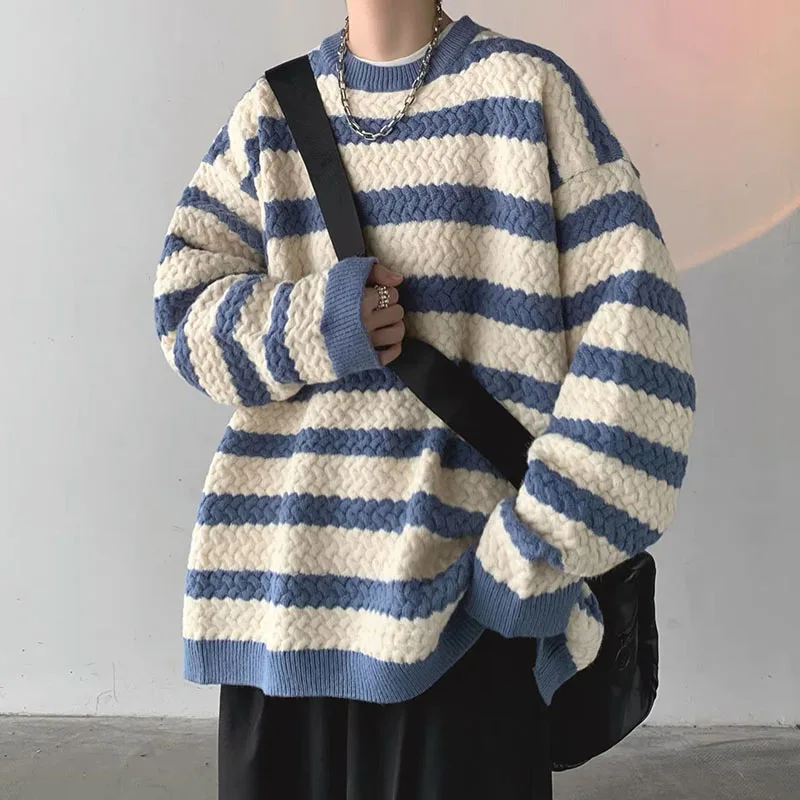 

Fashion O-Neck Knitted Spliced Loose Korean Striped Sweater Men's Clothing 2022 Autumn New Casual Pullovers All-match Warm Tops