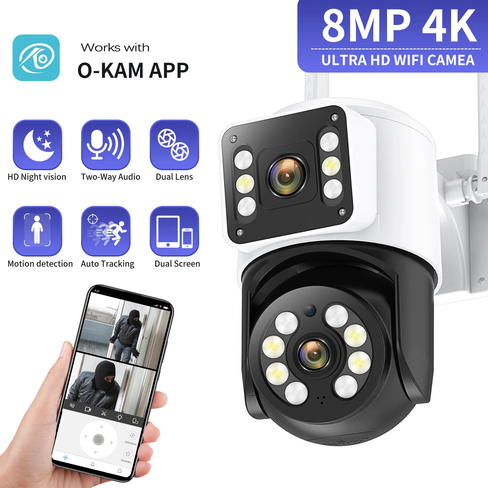 8MP PTZ 5G WiFi IP Camera 4K Dual Lens Human Detect Auto Tracking Surveillance Cameras Outdoor Waterproof Night Vision CCTV Auto