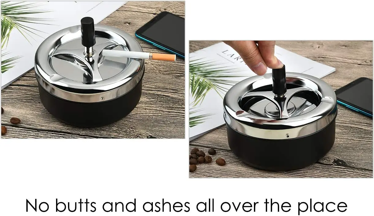 Round Push Down Spinning Metal Ashtray with Cigarette Cigar Smoking Smoke Ash Tray-Black metal ashtray cigarettes ashtray