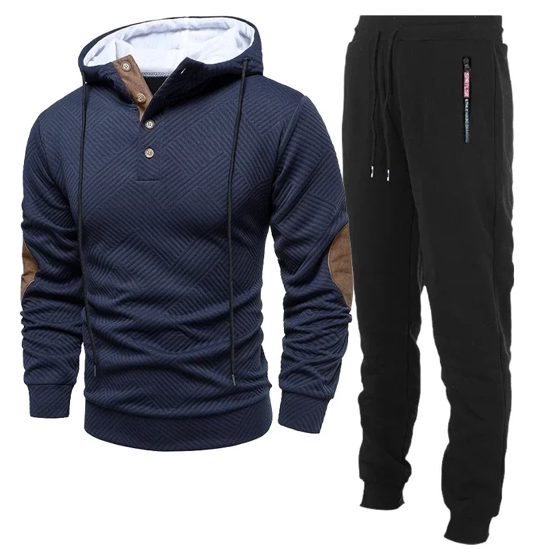 Mens 2 Pieces Pullover Hooded Set Long Sleeve Drawstring Button Sweatshirt Texture Hiking Outdoor Jackets with Baggy Pants