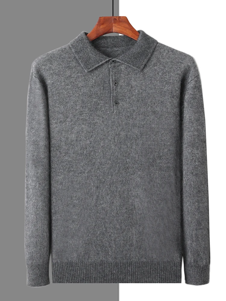 100% Mink Cashmere Jacket Men's POLO Collar Pullover 2024 Spring Autumn New Knitted Tops Casual Loose Large Size Men's Shirts 3