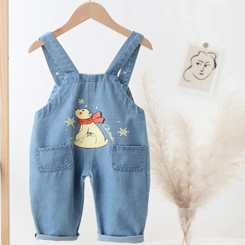 IENENS Boys Jeans Overalls Baby Toddler Girls Loose Denim Dungarees Kids Cartoon Print Jumpsuit 1-4 Years Children Long Pants