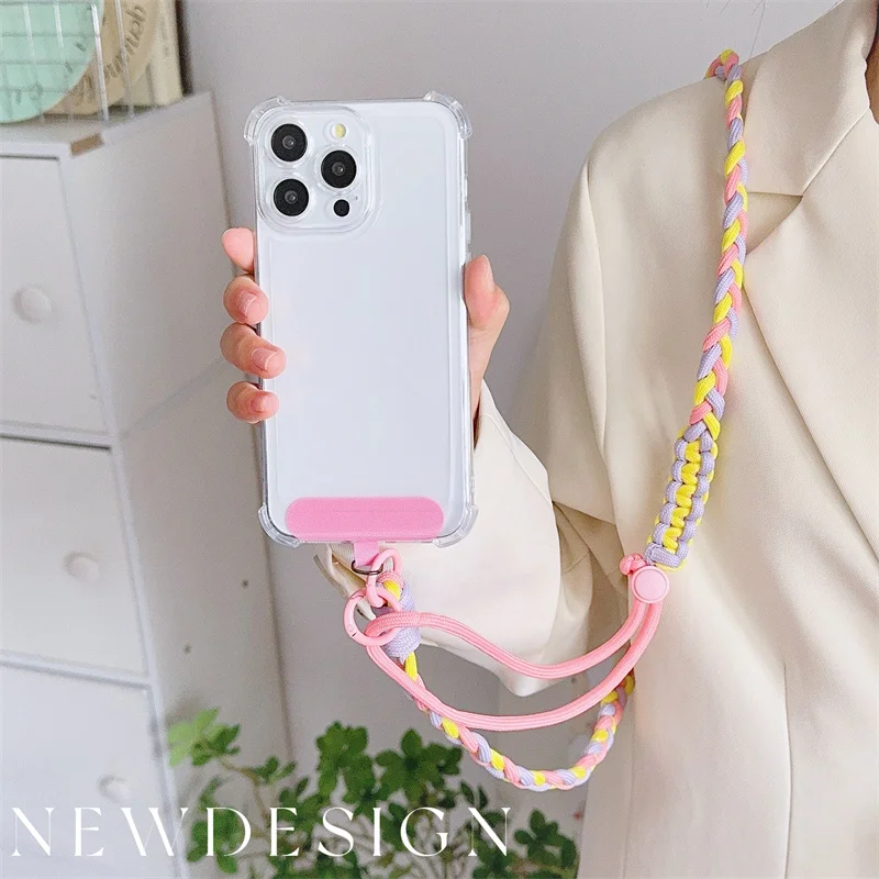 Colorful Woven Crossbody Phone Lanyard with Hanging Chain Pendant