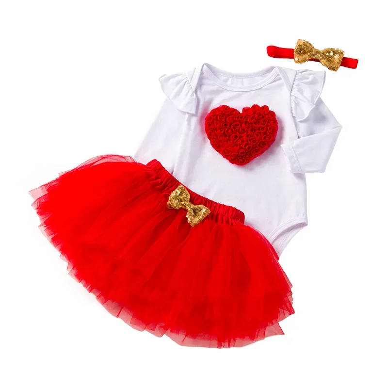 Baby Birthday Tutu Romper Skirt Heart Flower Mother's Day Love Flying Sleeves Sweetheart Clothes Mesh Half Skirt Set Baby Dress