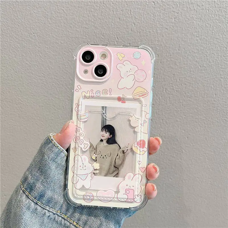 INS Korean Cute Pink Rabbit Card Slot Bag Holder Phone Case for IPhone 16 15 14 13 12 11 Pro Max 16 Plus 12 Mini 7 8 X XR Cover 3