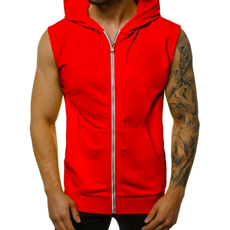 

Man Mens Breathable Sport Gym Fitness Tank Top Workout Clothes Solid Color Casual Sweatshirt Sleeveless Zipper Hoodie Hooded Top