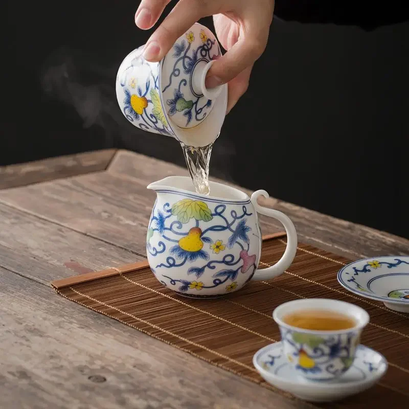 White Ceramic Lidded Bowl Mutton Fat Jade Tea Bowl Hand Painted Blue and White Gaiwan Household Kung Fu