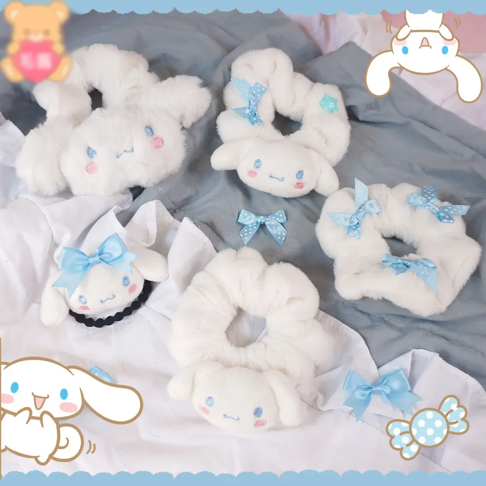 Kawaii Lolita Hairpin Cinnamoroll Sanrio Plush Cartoon Cute Hair Tie Bow Headwear Rubber Band Girls Jk Hair Ring Head Rope big flower lolita lace scrunchies four layer oversized lace french hair rope ties hair accessories ponytail holder hair ring ins