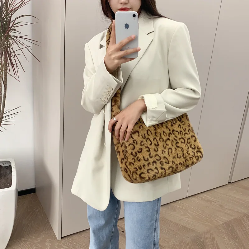 Leopard Print Shoulder Women Bag Winter 2023 Soft Faux Fur Ladies Hand Bags Casual Fluffy Crossbody Messenger Bag Bolsa Feminina