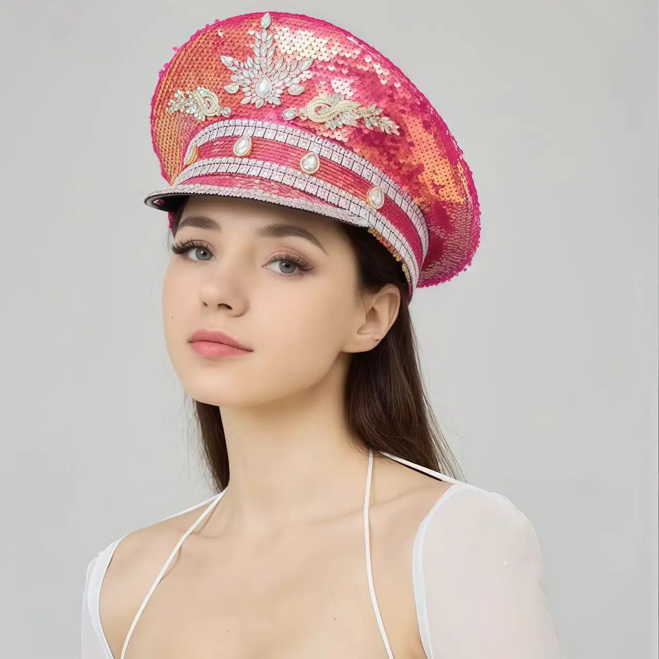 Costume Hat Luxury Festival Captain Hat Rhinestone Military For Unisex Adult