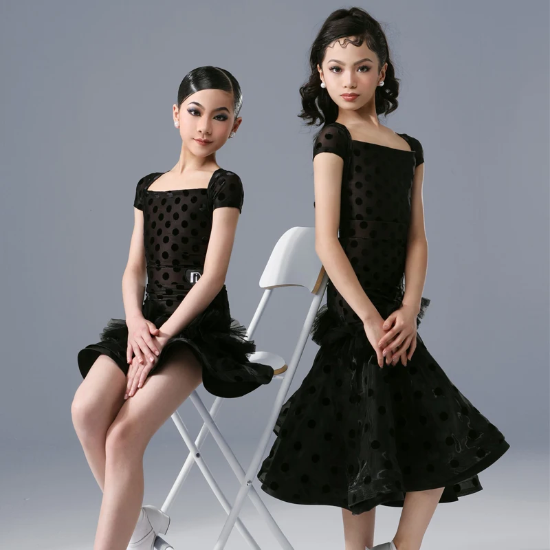 

Summer Latin Dance Dress Girls Black Short Sleeves Modern Dancing Dress Children'S Ballroom Dance Competition Costumes SL8381