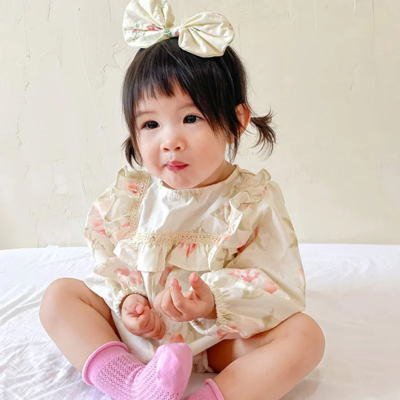 

Spring Baby Girls Rompers + Hair Band 2pcs Fashion Flowers Princess Long Sleeves Babysuit Cute Sister Clothing
