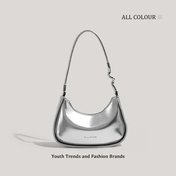 Borsa a Tracolla Unica con Cinturino Ondulato per Donna, Borsa Hobo Argento Metallizzato
