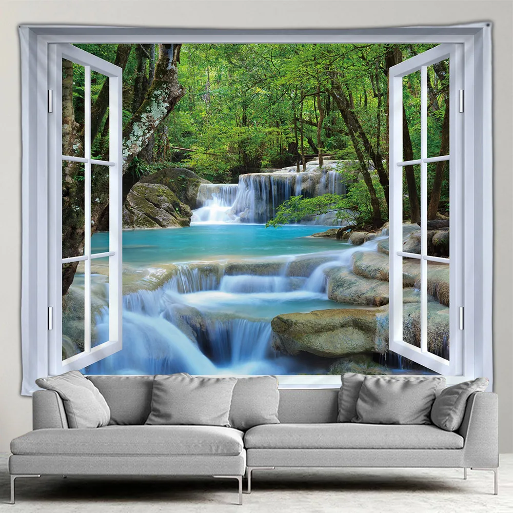 Forest Waterfall Landscape Tapestry Outdoor Garden Poster Nature Tropical Greenery Simple Modern Style Wall Hanging Wall Screen