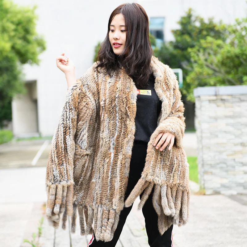 

High Quality Fur Shawls Hand Knitted Genuine Rabbit Fur Shawl Fashion Cape for Winter CX-B-14A