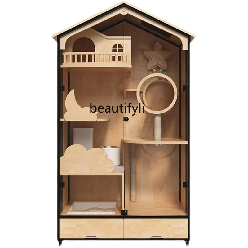 

Cat House Cat Cage Villa Rubber Solid Wood Luxury Household Three-Layer Panoramic Glass Large Space furniture