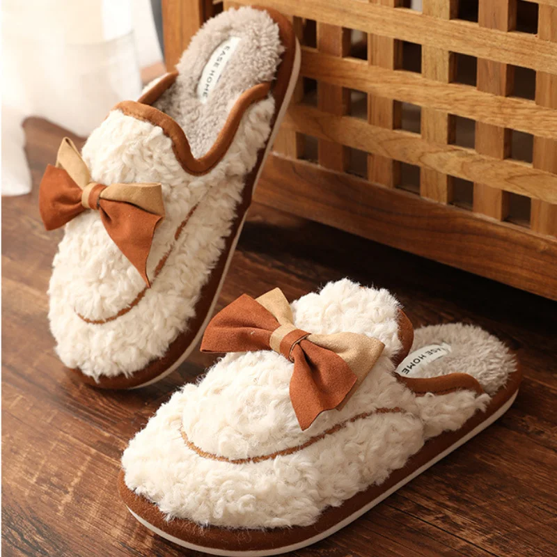 Cotton Slippers Women's Bow Household Warm Non-slip Couples Slippers House  Warm Women Fashion Casual Shoes
