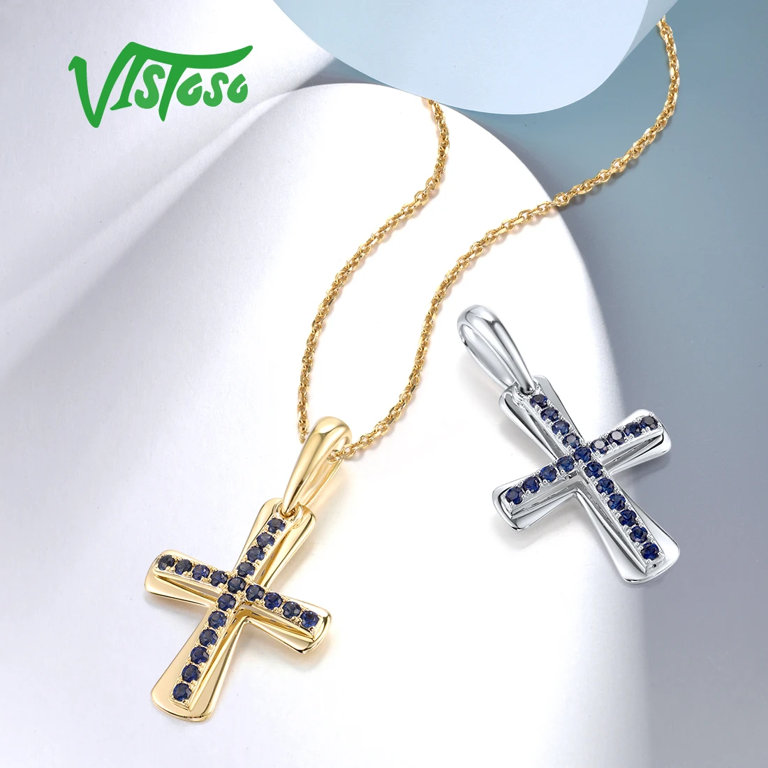 VISTOSO Genuine 9K 375 White Yellow Gold Pendant For Women Sparkling Created Sapphire Cross Party Wedding Gift Fine Chic Jewelry images - 6