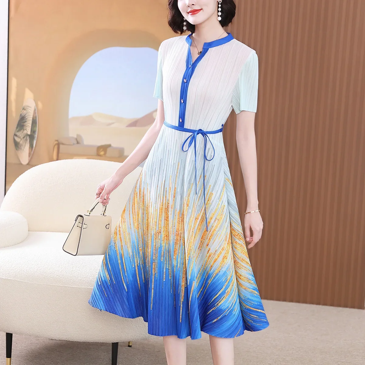 

Miyake Style Pleated French Niche Western-Style Printed Women's Dress Stand Collar Long Slim Dress 2024 Summer New Style Dresses