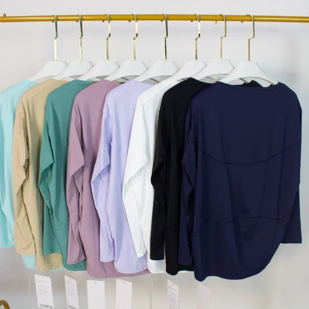 Lemon Women Summer Breathable Comfortable Sports Solid Color Round Neck Long Sleeve Gym Running Fitness Dance Loose Yoga Top