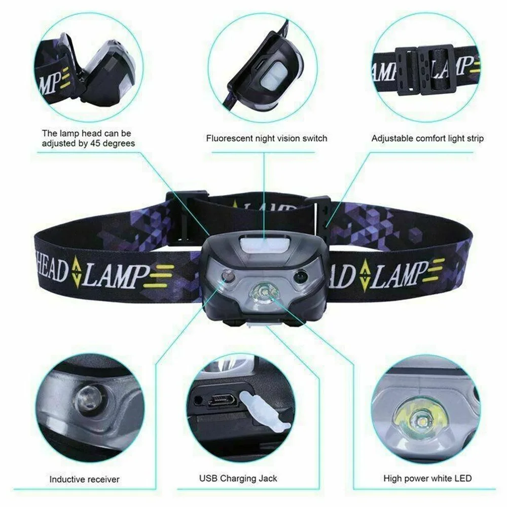 Super Bright USB Rechargeable Headlamp Waterproof Induction LED Head Headlight Ultralight Flashlight Fishing Head Torch Camping