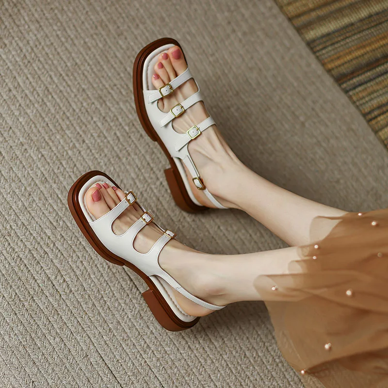 

Phoentin Square toe casual Sandals 2023 Women's summer New low heels Sandals office ladies beige brown Shoes plus size 42 FT2306
