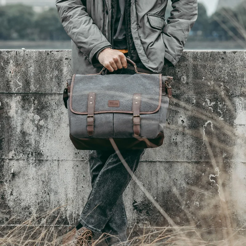 Mens Messenger Bag 14 Inch Vintage Canvas Briefcase Large Satchel Shoulder Bag Rugged Computer Laptop Bag