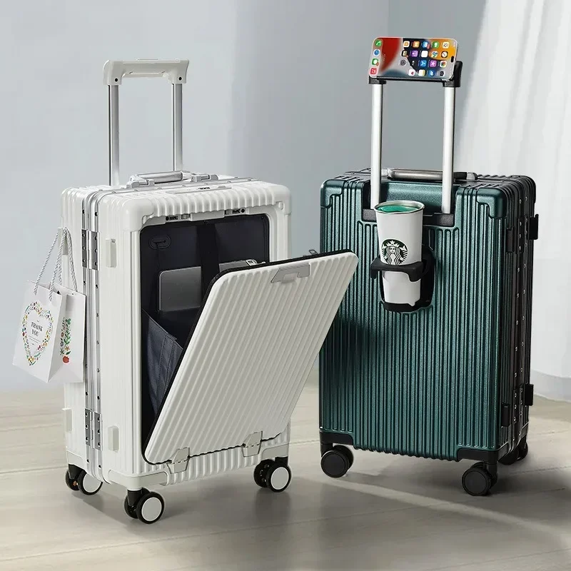 Luggage Multi-Function Travel Suitcase Aluminum Frame Pull Rod Case USB Charging Port with Folding Cup Holder Boarding Bag