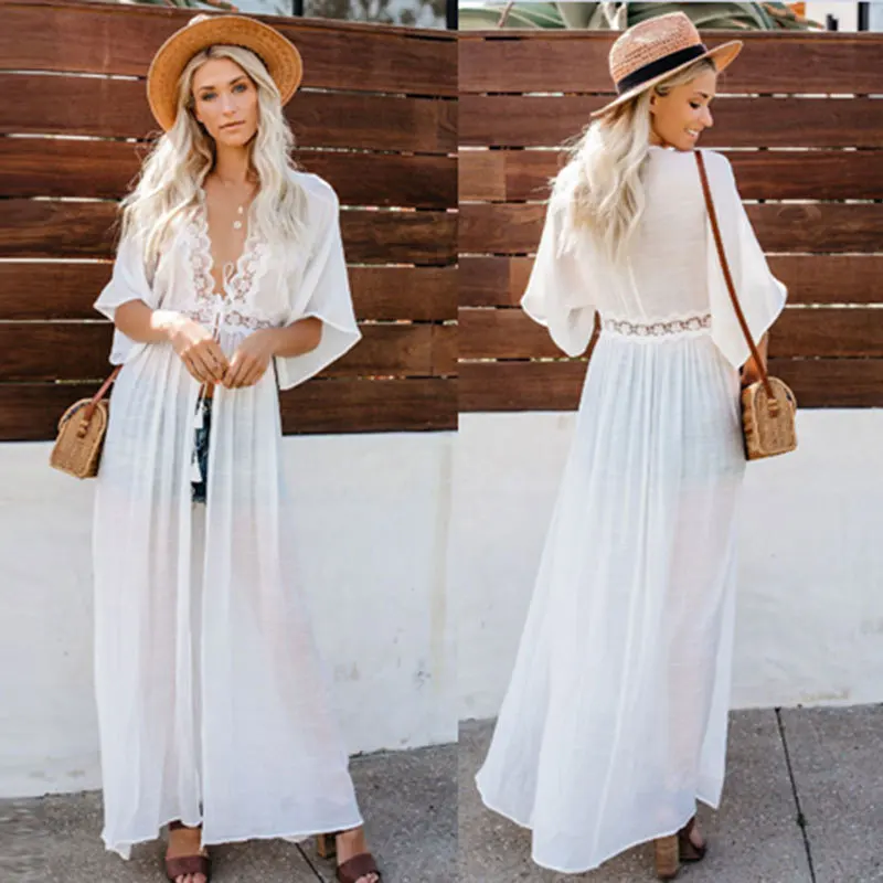 Women Beach Dress Swimwear Sexy Lace Bikini Cover Up Kaftan Swimming Suit Crochet Open Front Maxi White Long Kimono Coverup Cape 1
