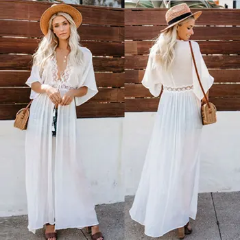 Women Beach Dress Swimwear Sexy Lace Bikini Cover Up Kaftan Swimming Suit Crochet Open Front Maxi White Long Kimono Coverup Cape 1