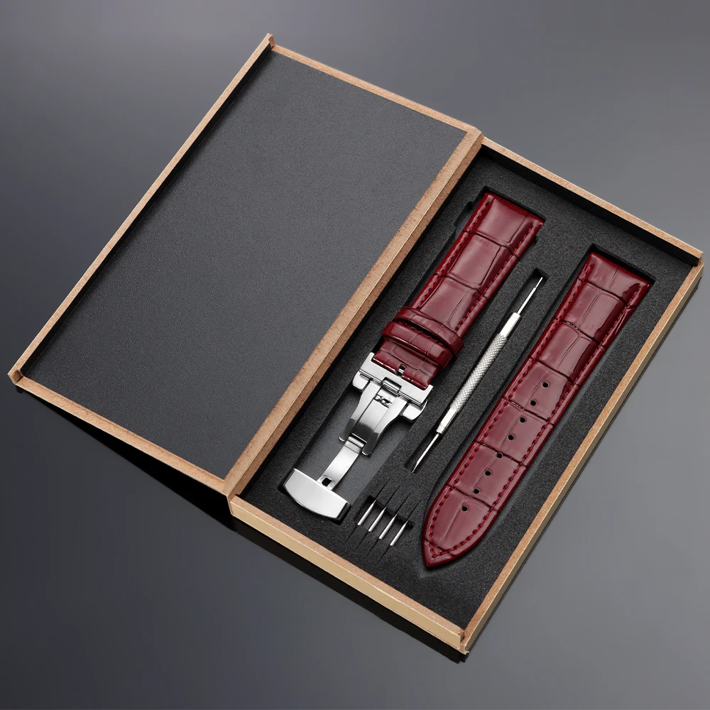 Vintage Leather Watch Band with Wooden Box and Butterfly Clasp