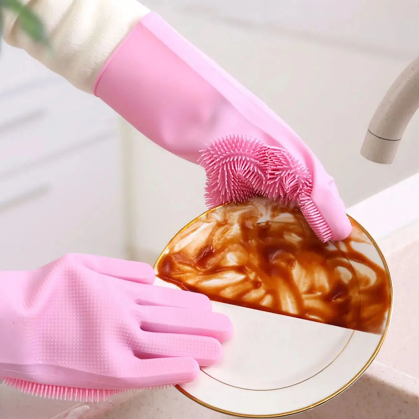 1 Pair Of Silicone Dishwashing Gloves For Household Use, Kitchen Anti Scalding, Household Dishwashing And Cleaning Gloves