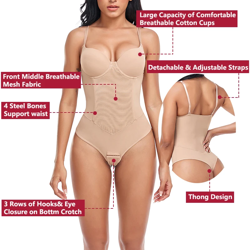 GUUDIA Thong Bodysuit Shapewear U Plunge Fajas Women's Sexy Summer V-Neck  Backless Adjustable Spaghetti Strap Club Bodysuits
