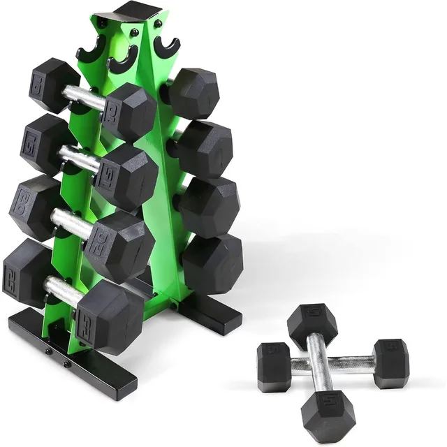 Rubber Hex Dumbbell Set with Rack 6
