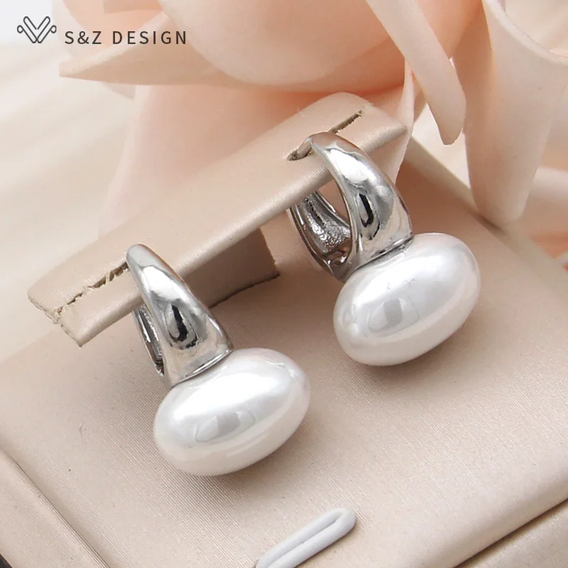S&Z DESIGN New Fashion Vintage Oval Simulated-pearl Dangle Earrings For Women Wedding Party 585 Rose Gold Color Jewelry Gift