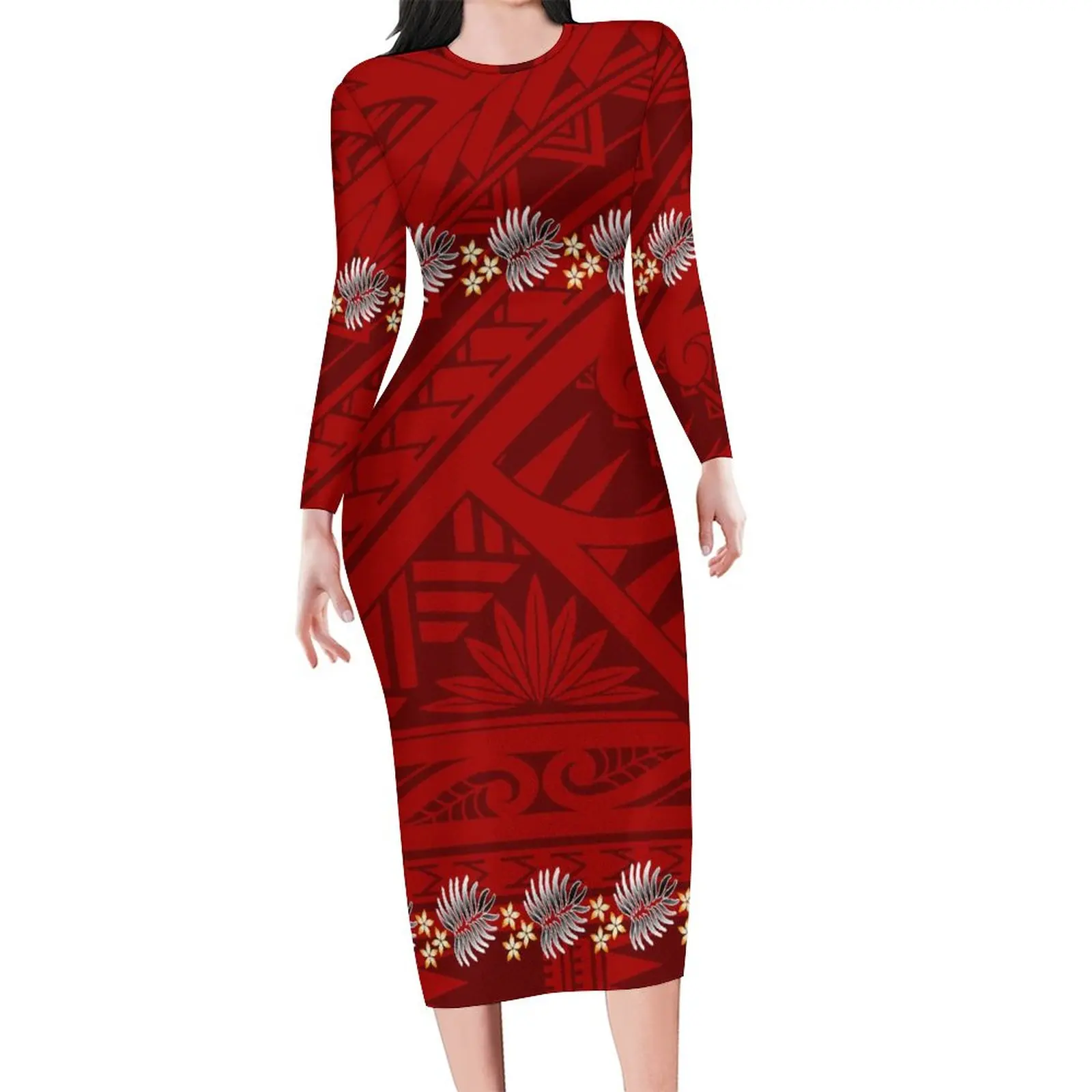 

Support Your Design Women'S Long Sleeve Dress Polynesian Tribe Design Slim-Fit Dress Free Shipping