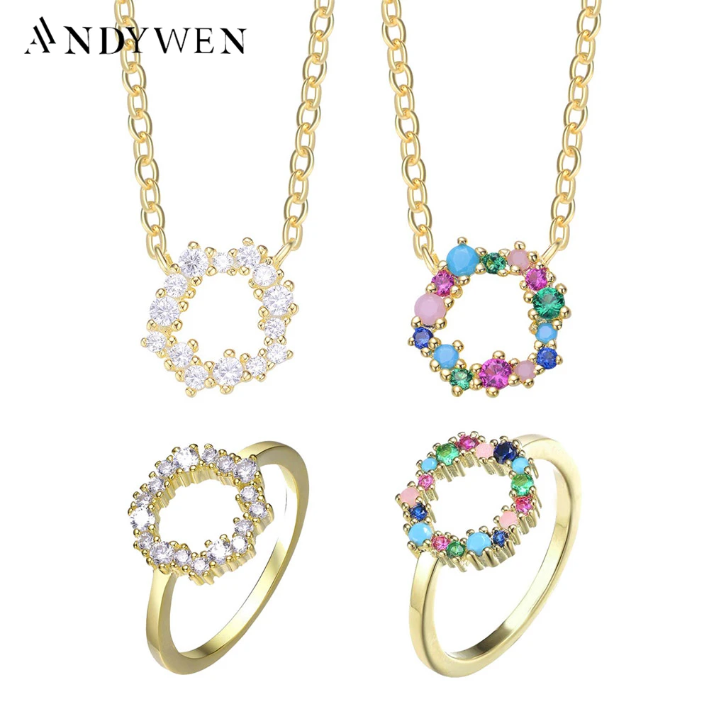 Andywen Argento Sterling 925 Oro Angelique Sparkle Tutti Frutti Arcobaleno Cz Zircone Anello Anello Orecchini Set Di Gioielli
