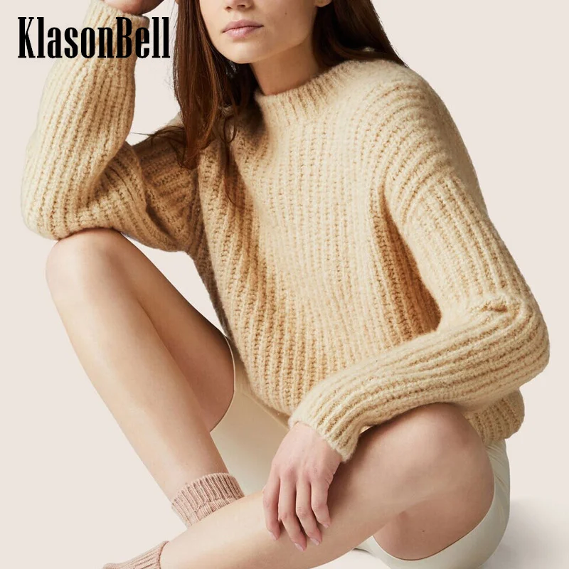 

12.9 KlasonBell 100% Cashmere Comfortable Temperament Elegant O-Neck Coarse Yarn Knitted Pullover Sweater Women's