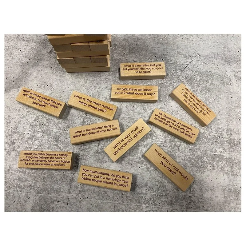 54 PCS Questions Tumbling Tower Game Ice Breaker Questions Tumbling Wood Color Wooden Giant Wood Stacking Game With Scoreboard 5