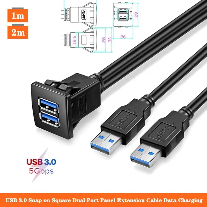 Cabo Impermeável Dual Port Usb para Carro Painel de Instrumentos Cabo de Extensão de Áudio Caixa Abs 1m 2m