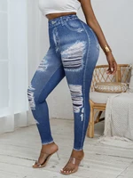 Plus Size Women's Tight Leggings Imitation Denim Print Ripped Pattern High Elastic Sports Pants Comfortable Casual Fashionable Knitted Pants - Image 3