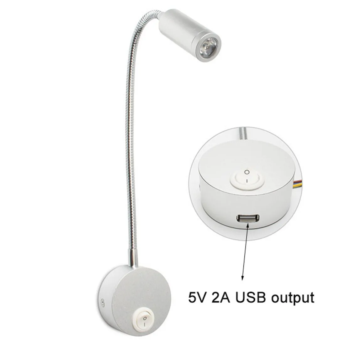 USB Charging Port Black Silver White led Reading Light 3000K 4000K 6000K 3W LED USB Gooseneck Wall Lamp for Hotel Home Bedside 3