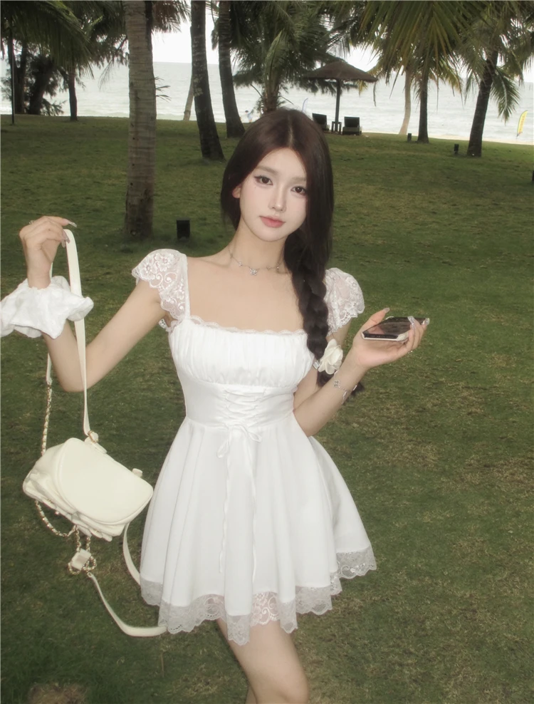 Y2K Lace Princess Party Dress Sexy Spaghetti Strap Square Collar Ruffles A-line Short Dresses for Women Prom Summer Mini Vestido