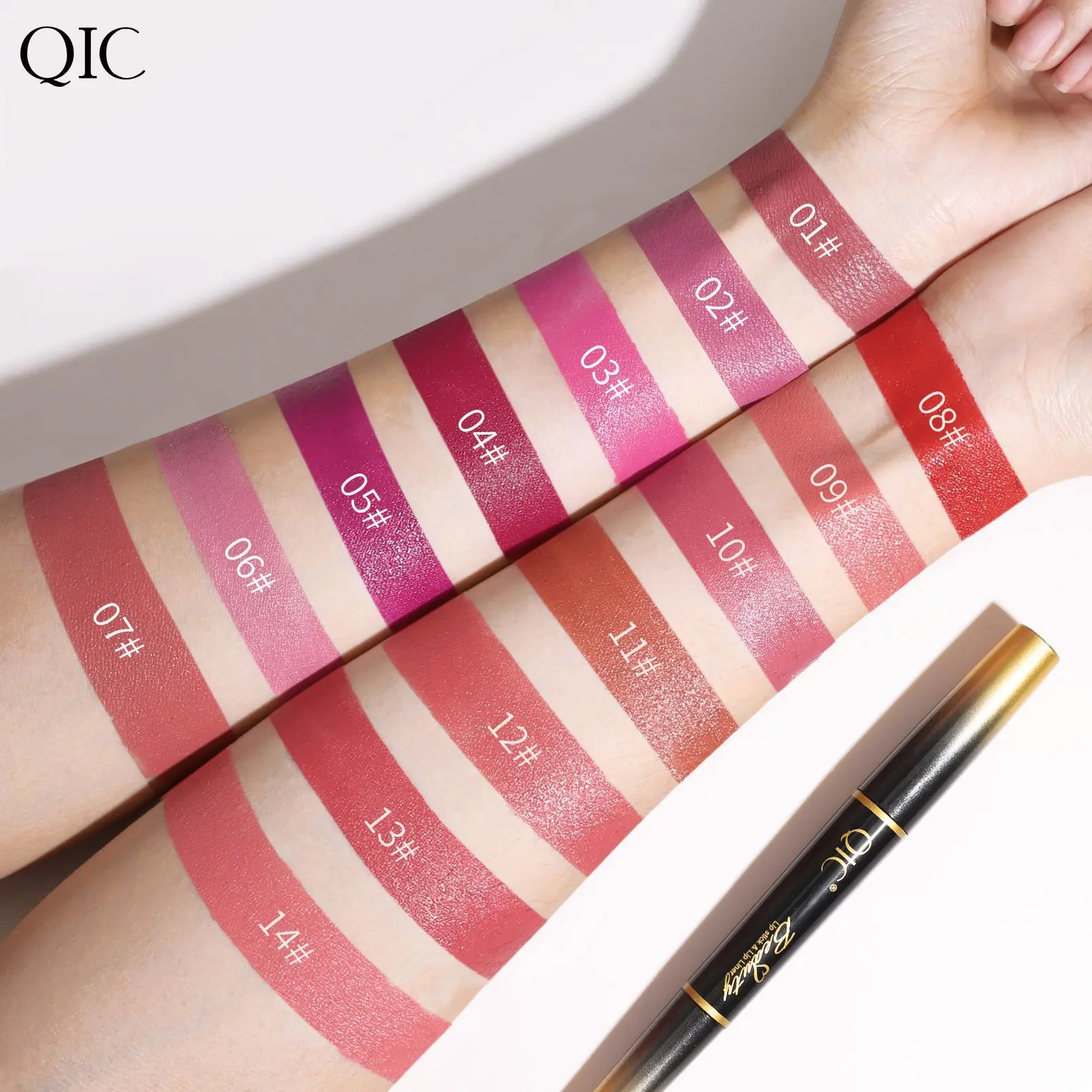 QIC double head lipstick pen waterproof not makeup makeup color two in one fine tube mouth Red lip line pen 2