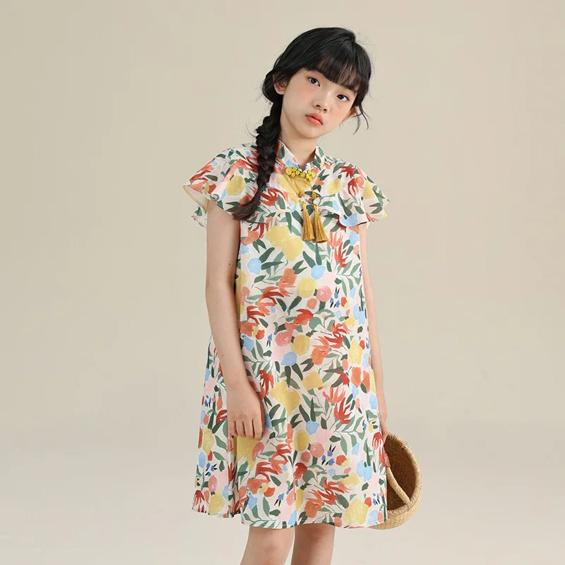 

Chinese Dress For Girls Summer Flower Print Elegant Chi-Pao 6 8 10 12 Years Old Kids Clothes